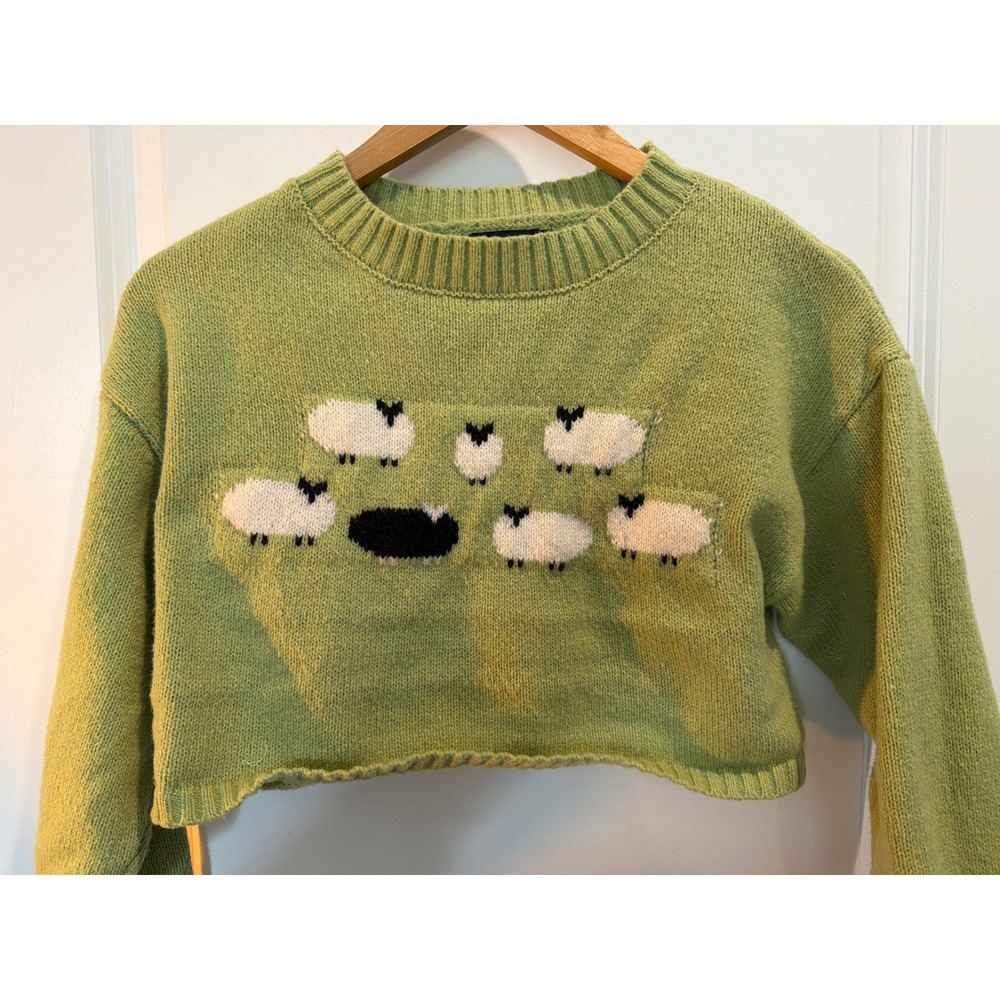 Cider Green Sheep Intarsia Cropped Knit Sweater Crew Neck Small